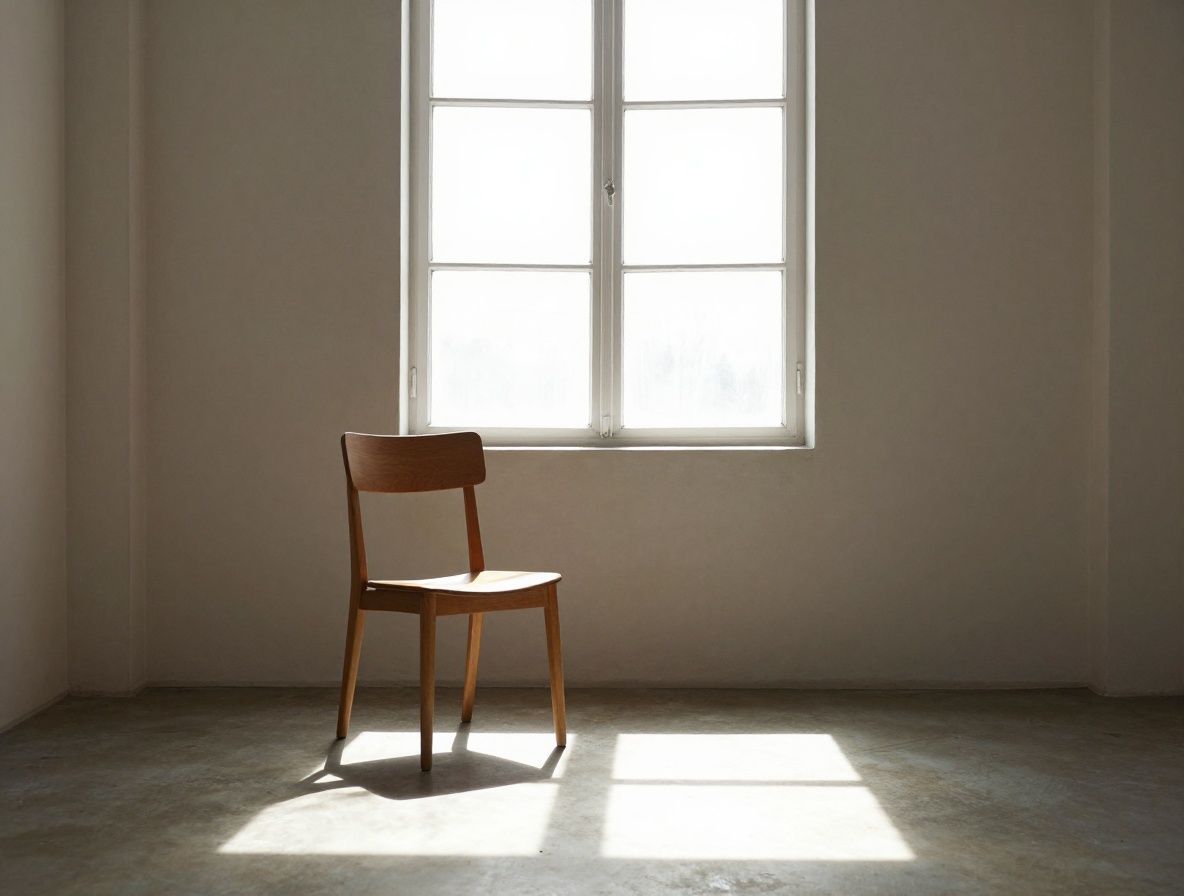 A single wooden chair beside a tall window with diffuse morning light streaming in, casting soft geometric shadows across an empty floor in a quiet interior