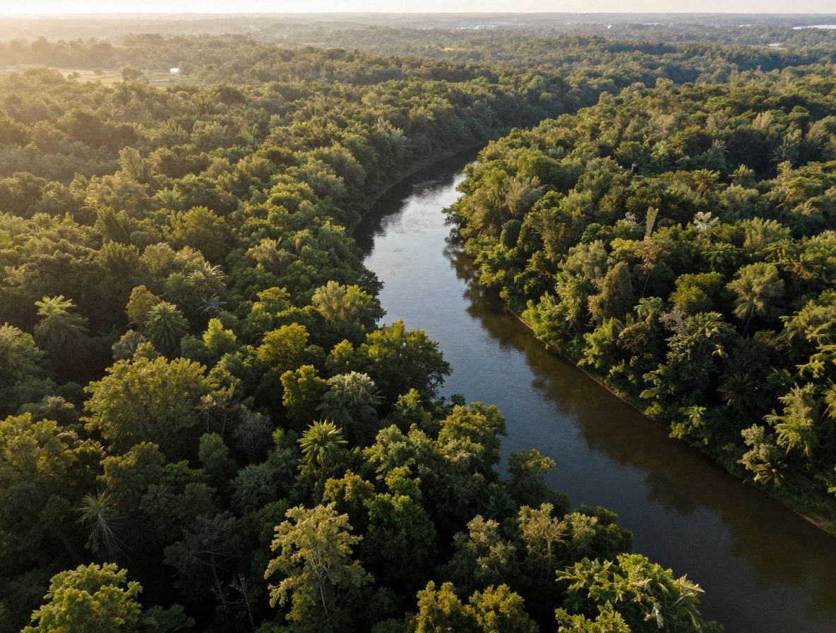 Wide aerial view of a calm river winding through a dense forest canopy at golden hour, photographed from above with natural diffuse light