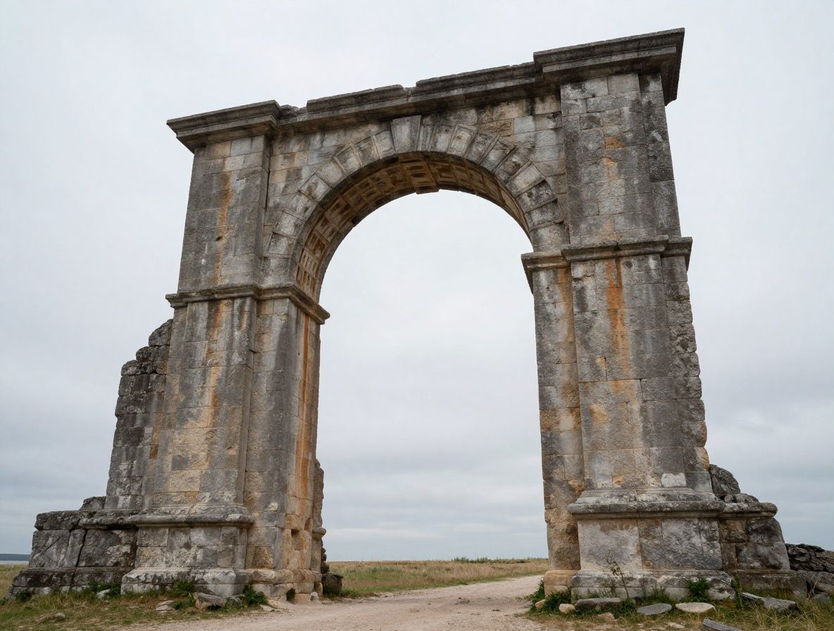 A weathered stone arch standing alone in an open field under an overcast sky, suggesting structural endurance and the passage of time