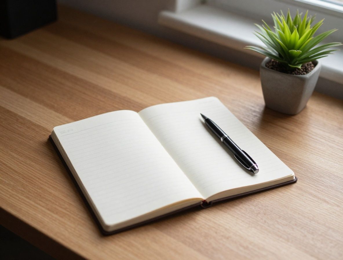 Wooden desk surface with a simple notebook, uncapped pen, and a small potted plant beside a window casting natural soft light