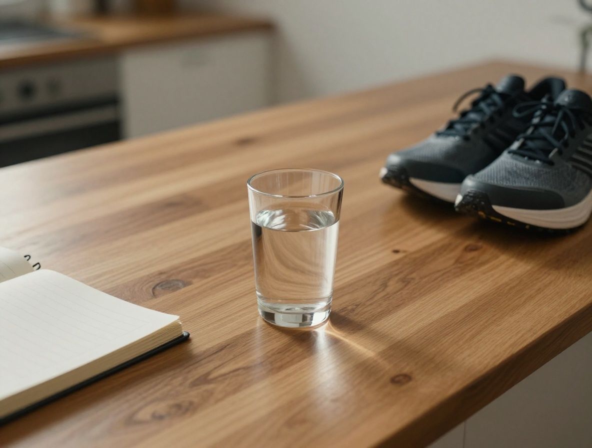 Early morning light falling across a minimalist wooden desk with a notebook, a glass of water, and a small plant, evoking quiet daily intentionality