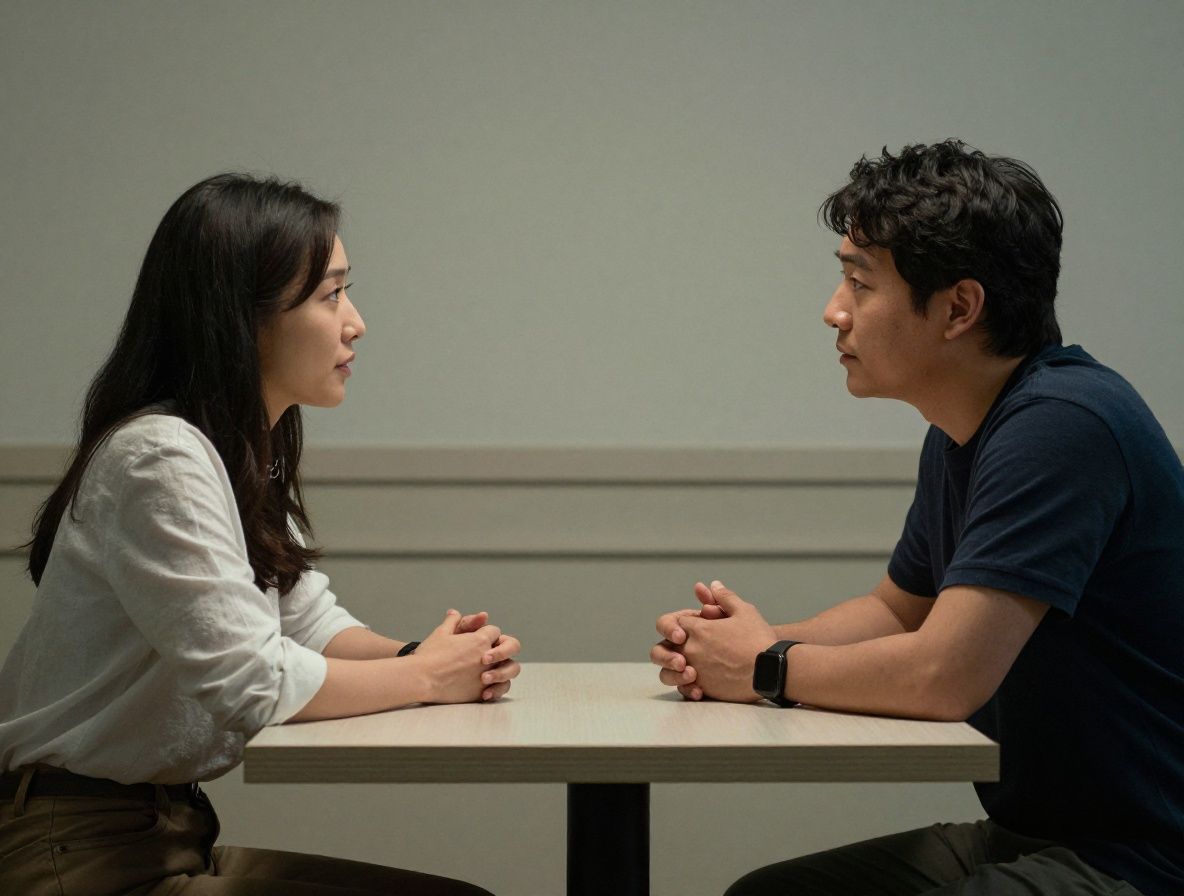 Two people seated across from each other at a table in a quiet interior space, their body language open and attentive, emphasizing focused interpersonal exchange