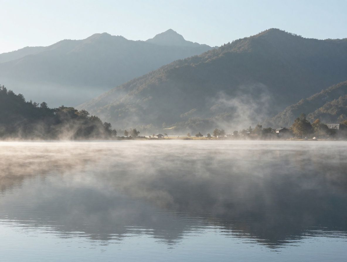 Wide panoramic view of a calm mountain lake at early morning with mist rising above still water and distant peaks