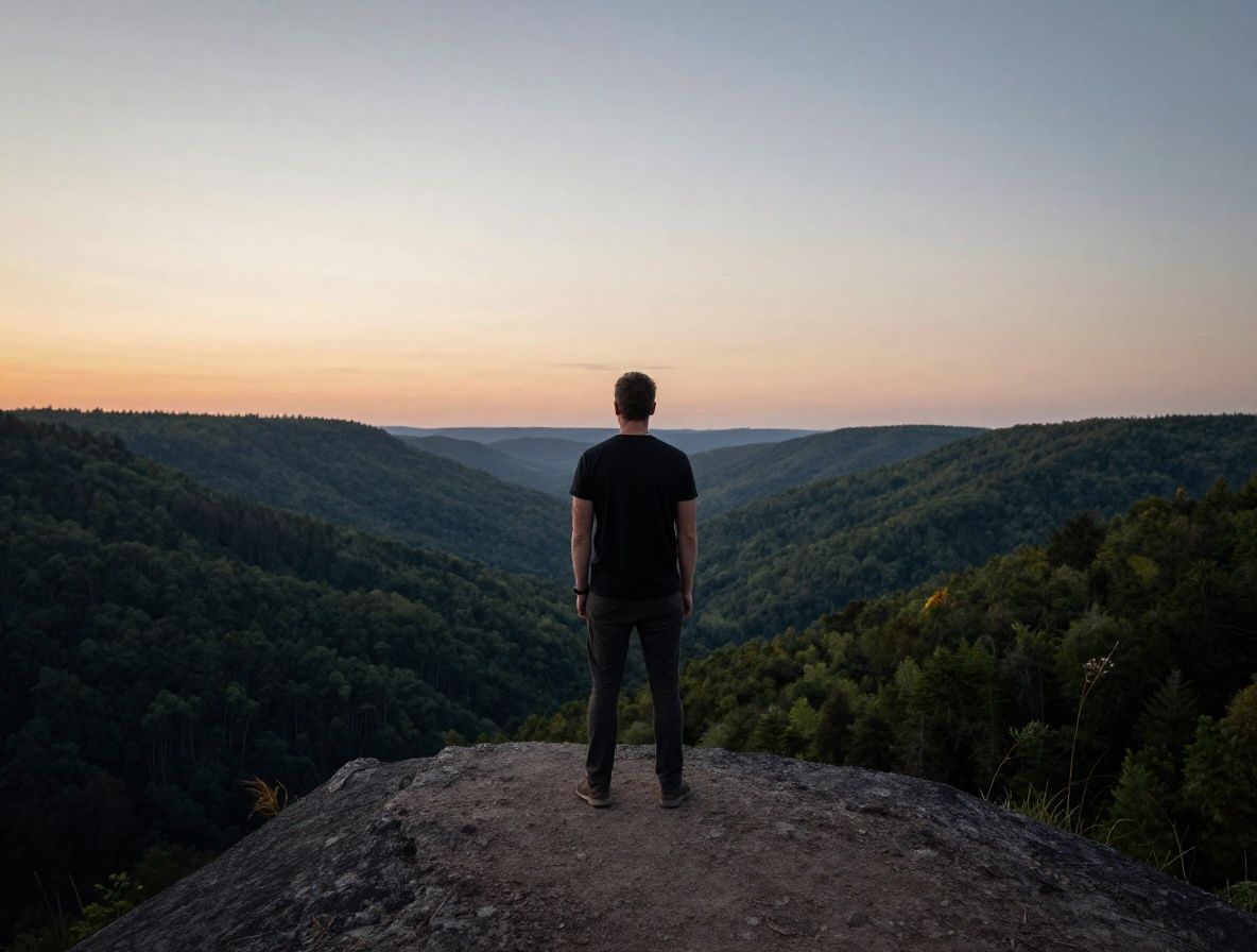 Man standing at the edge of a forested ridge at dusk, overlooking a wide valley landscape in thoughtful solitude