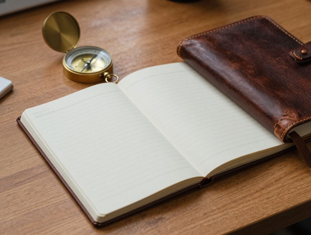 Open notebook resting beside a compass and a worn leather journal on a wooden desk under warm lamplight