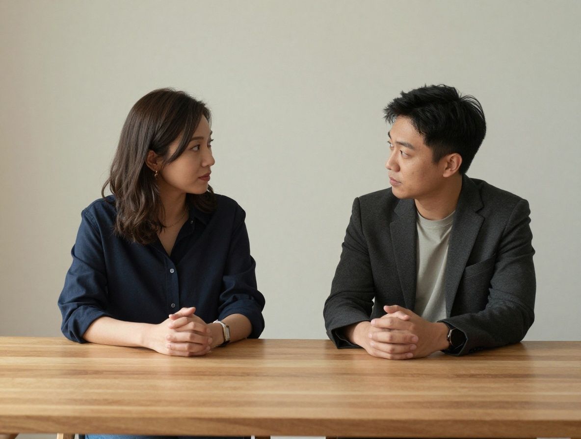 Two people seated across from each other at a minimalist wooden table in a calm, well-lit interior space suggesting engaged dialogue