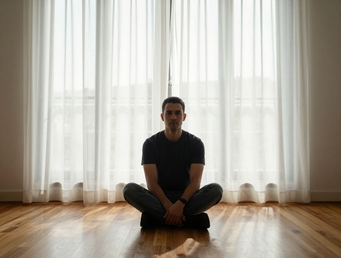 A man seated cross-legged near a large open window with morning light filtering through sheer curtains onto polished wooden floors in a sparse, calm interior